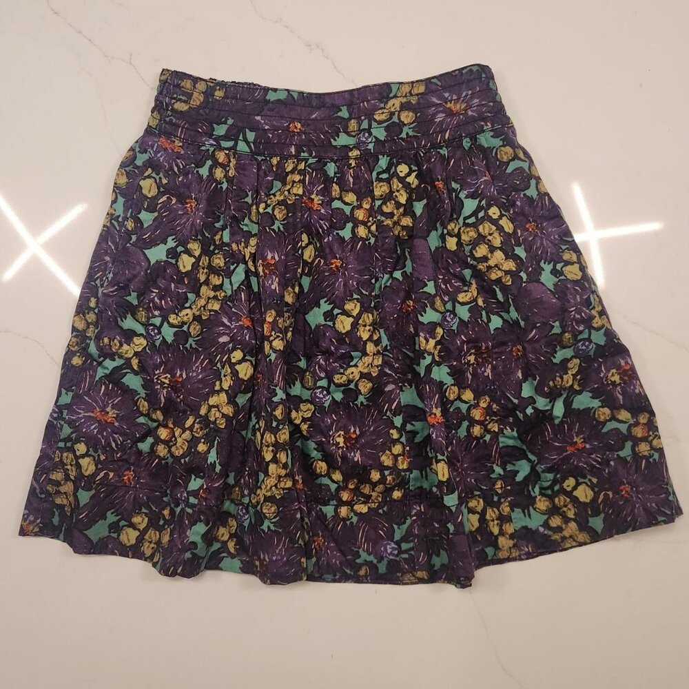 J. CREW Sz 0 Purple AOP Floral ruffle & Flare mini skirt pockets Preppy Women's